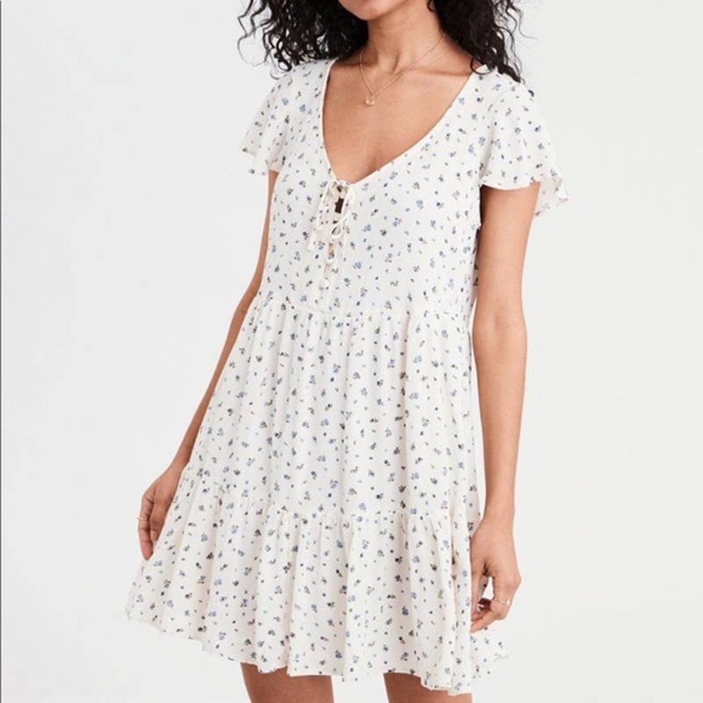 AEO Boho Floral Print V-Neck Babydoll Mini Dress